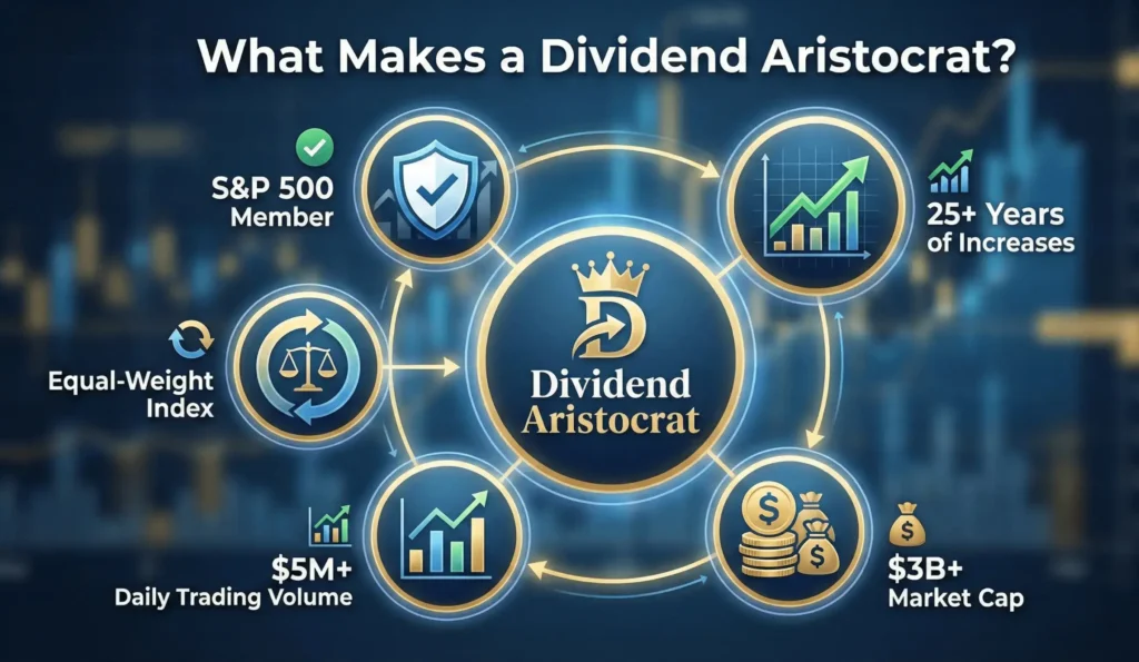 Five requirements for Dividend Aristocrat status: S&P 500 membership, 25 years of dividend increases, minimum market cap, trading volume, and equal weighting