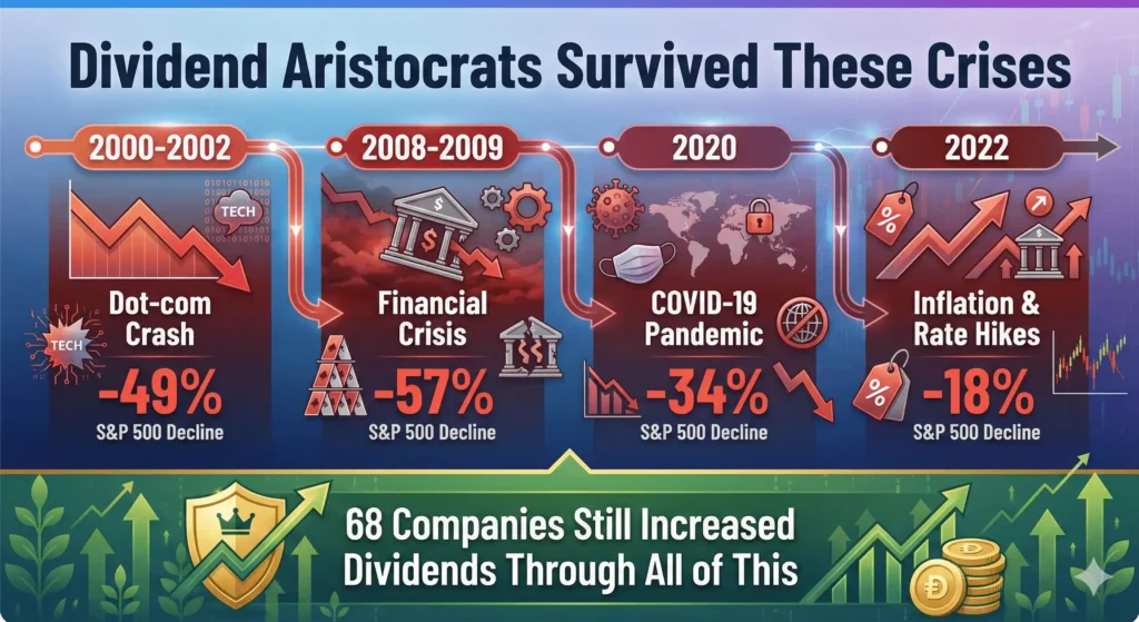 Timeline showing major market crashes survived by Dividend Aristocrats including dot-com bubble, financial crisis, COVID-19, and 2022 bear market
