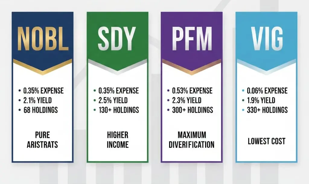 Comparison of four Dividend Aristocrat ETFs showing expense ratios, yields, and number of holdings for NOBL, SDY, PFM, and VIG