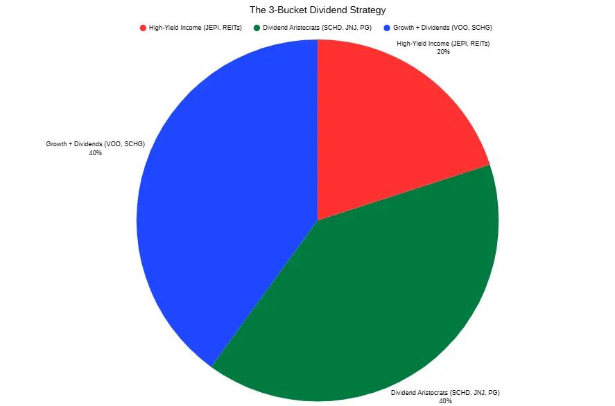 3-bucket dividend strategy allocation: 40% growth, 40% aristocrats, 20% high-yield